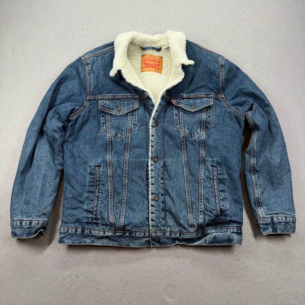 Levi's Denim Sherpa Trucker Jacket Mens XL Blue Faux Shearling Lined
